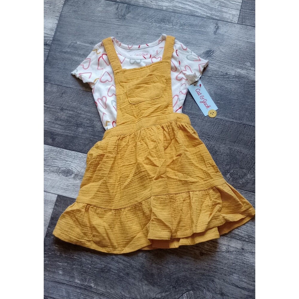 Cat & Jack Girls 4T Mustard Yellow Shortall Dress Set With Short Sleeve Top, NWT